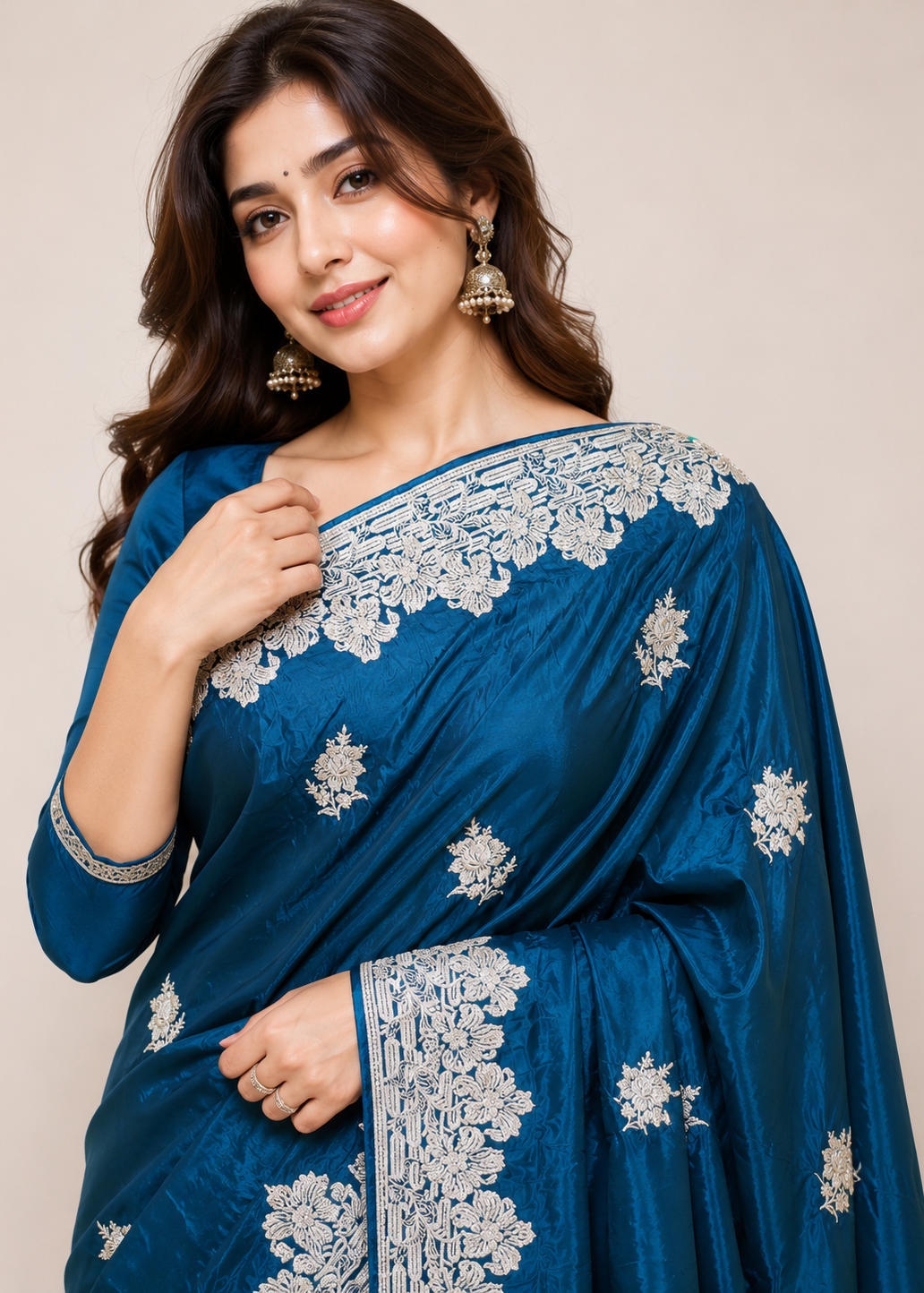Teal Blue Satin Georgette Saree with Allover Embroidered Weaving Jari Butta & Floral Border