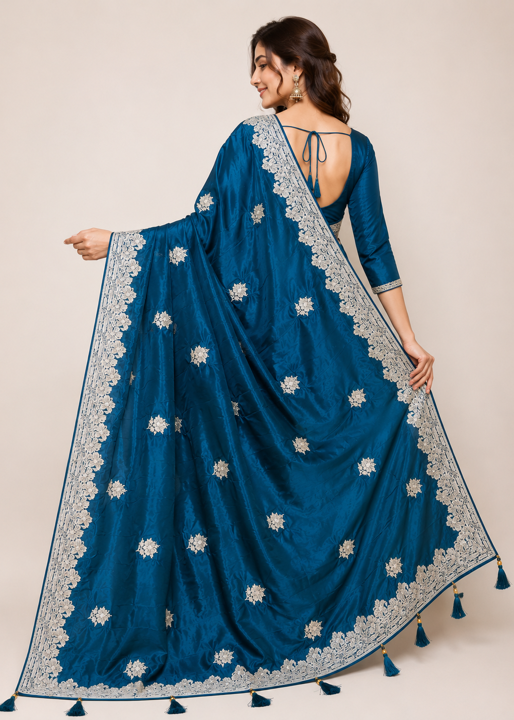 Teal Blue Satin Georgette Saree with Allover Embroidered Weaving Jari Butta & Floral Border