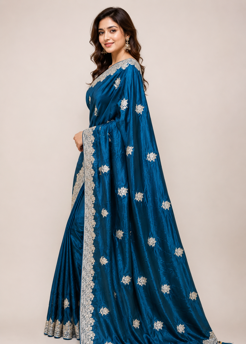 Teal Blue Satin Georgette Saree with Allover Embroidered Weaving Jari Butta & Floral Border