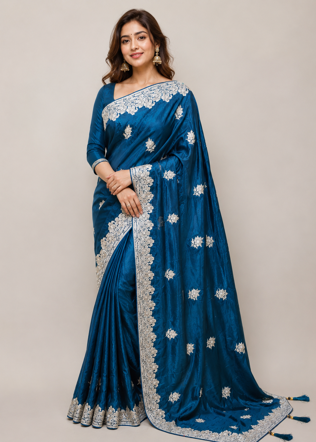 Teal Blue Satin Georgette Saree with Allover Embroidered Weaving Jari Butta & Floral Border