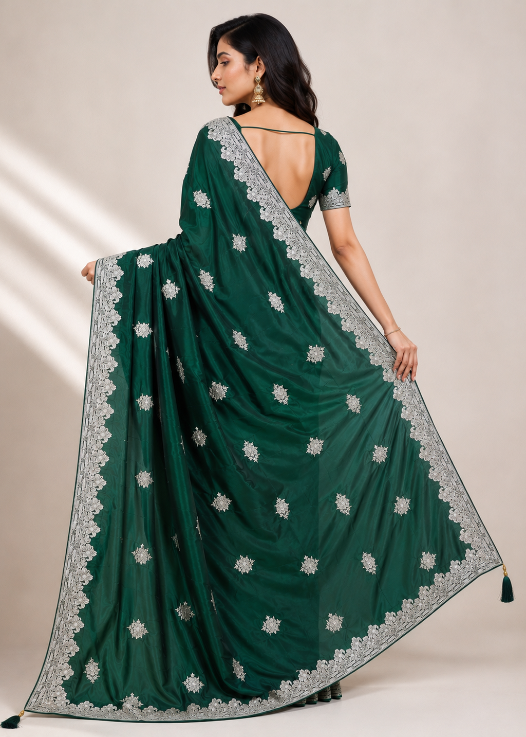 Emerald Green Satin Georgette Saree with Allover Embroidered Weaving Jari Butta & Floral Border