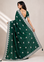 Emerald Green Satin Georgette Saree with Allover Embroidered Weaving Jari Butta & Floral Border
