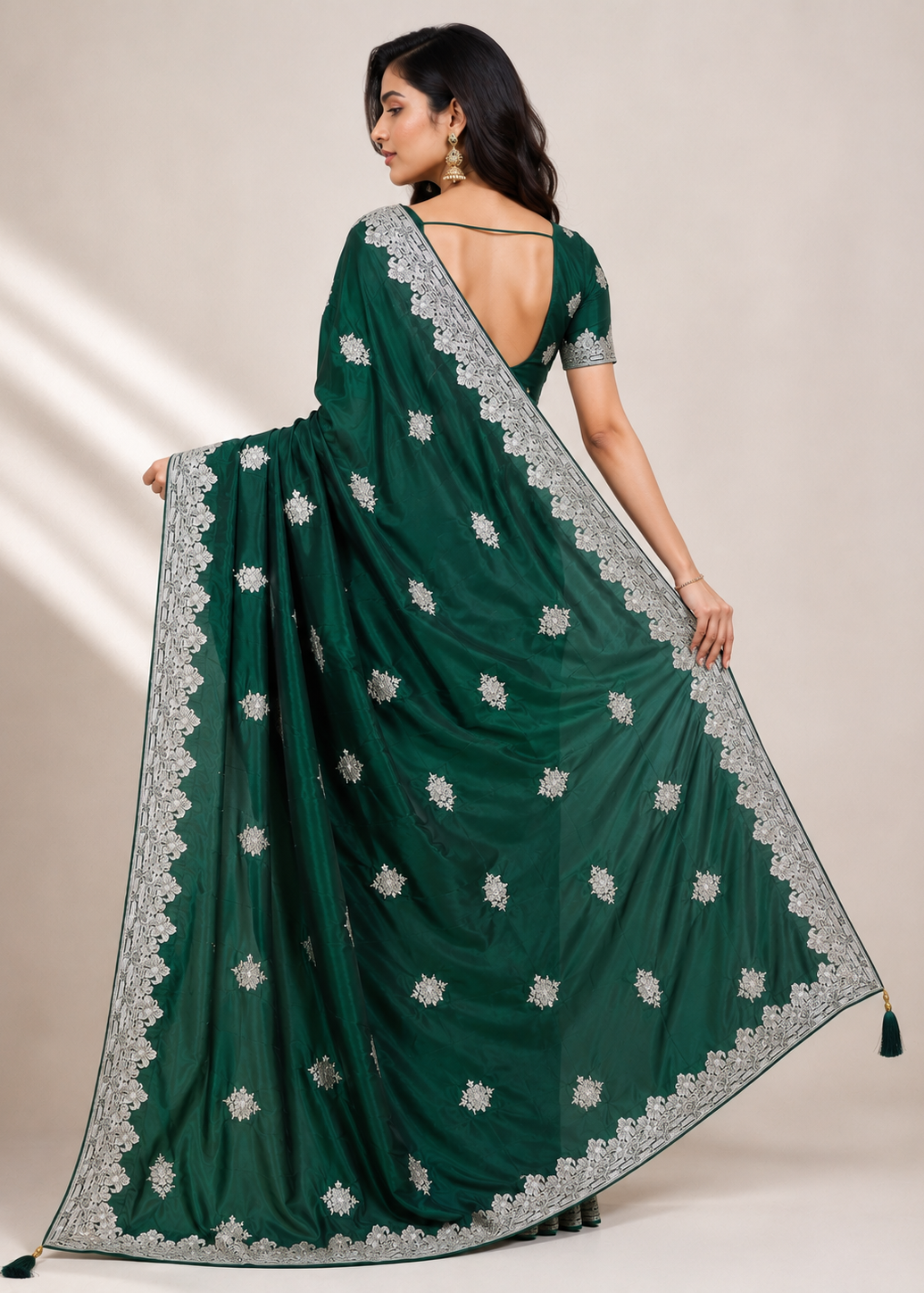 Emerald Green Satin Georgette Saree with Allover Embroidered Weaving Jari Butta & Floral Border