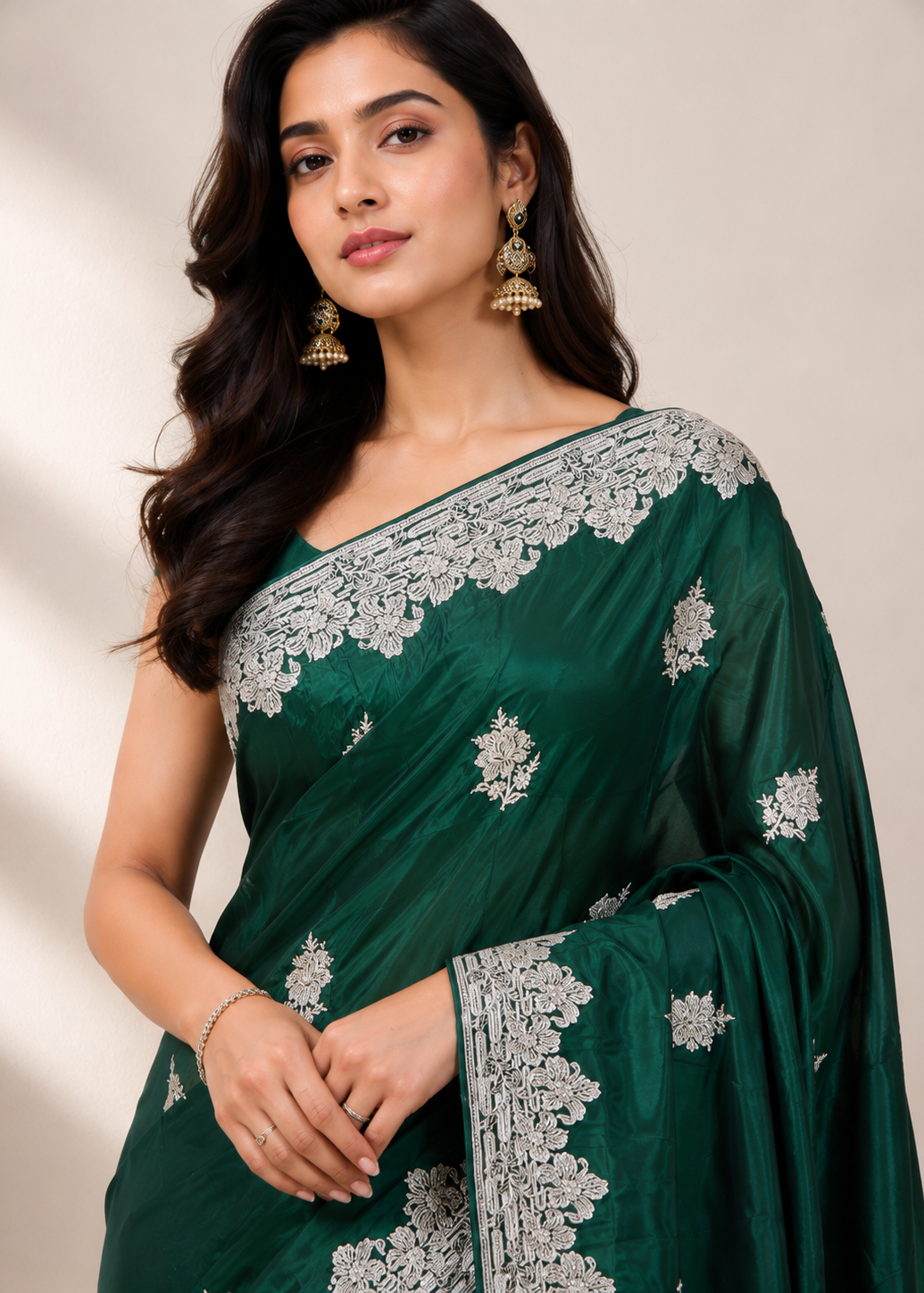 Emerald Green Satin Georgette Saree with Allover Embroidered Weaving Jari Butta & Floral Border