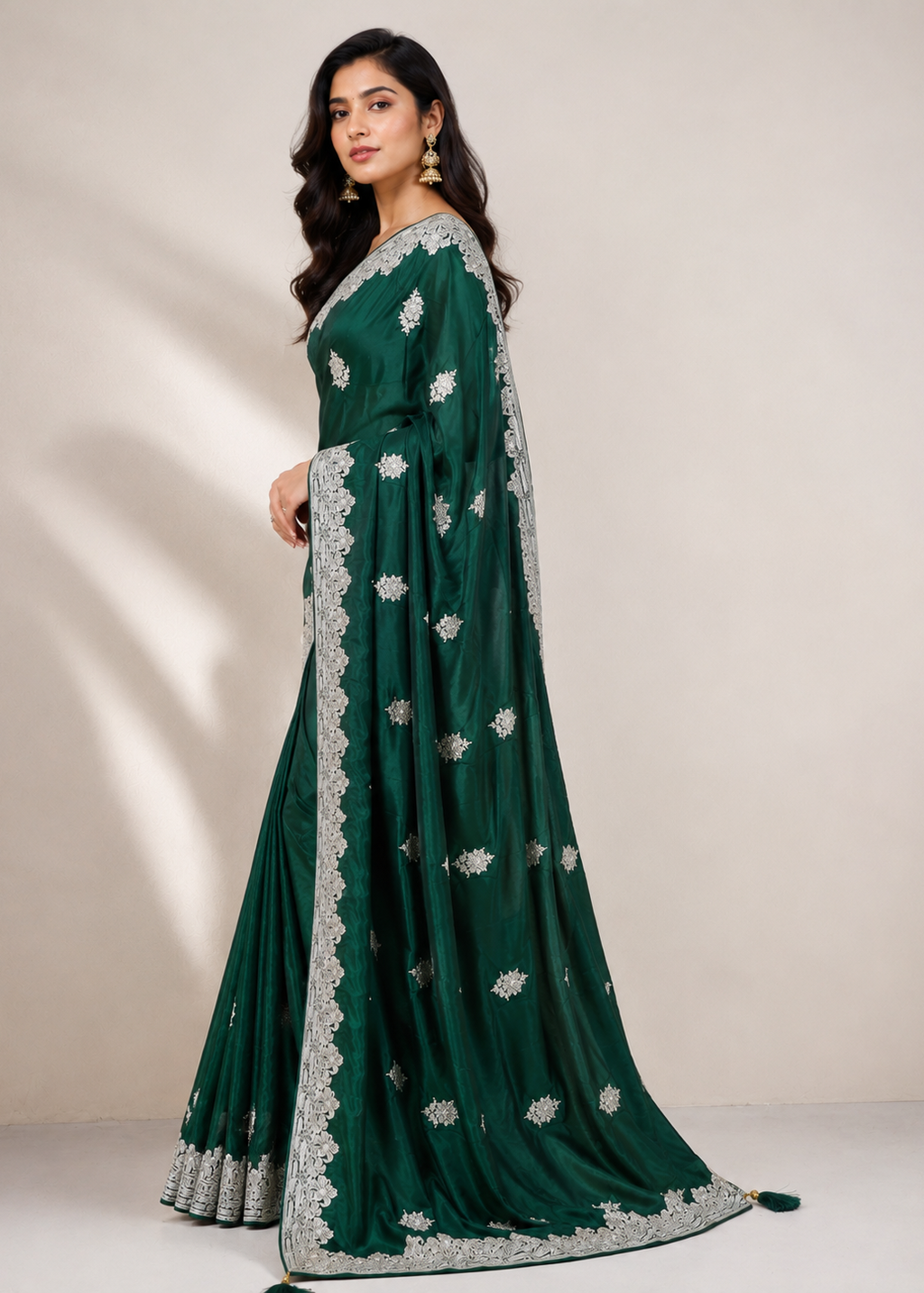 Emerald Green Satin Georgette Saree with Allover Embroidered Weaving Jari Butta & Floral Border