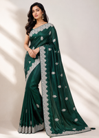 Emerald Green Satin Georgette Saree with Allover Embroidered Weaving Jari Butta & Floral Border