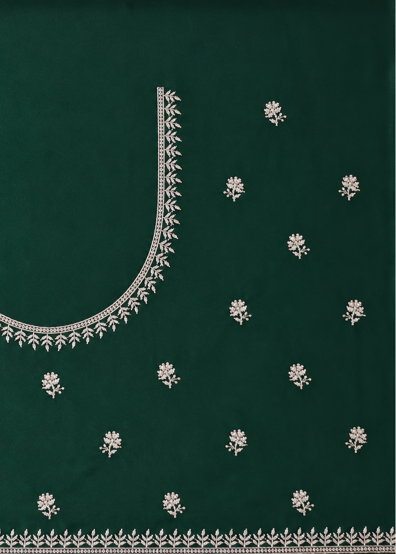 Emerald Green Satin Georgette Saree with Allover Embroidered Weaving Jari Butta & Floral Border