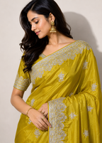 Mustard Yellow Satin Georgette Saree with Allover Embroidered Weaving Jari Butta & Floral Border