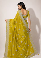 Mustard Yellow Satin Georgette Saree with Allover Embroidered Weaving Jari Butta & Floral Border
