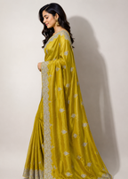 Mustard Yellow Satin Georgette Saree with Allover Embroidered Weaving Jari Butta & Floral Border