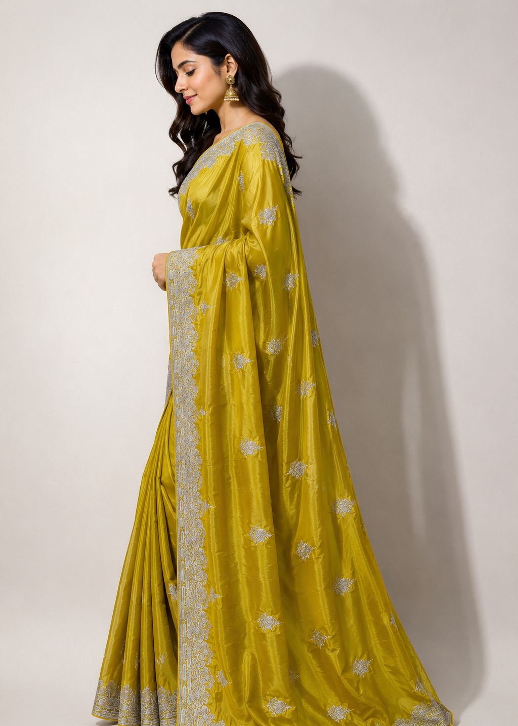Mustard Yellow Satin Georgette Saree with Allover Embroidered Weaving Jari Butta & Floral Border