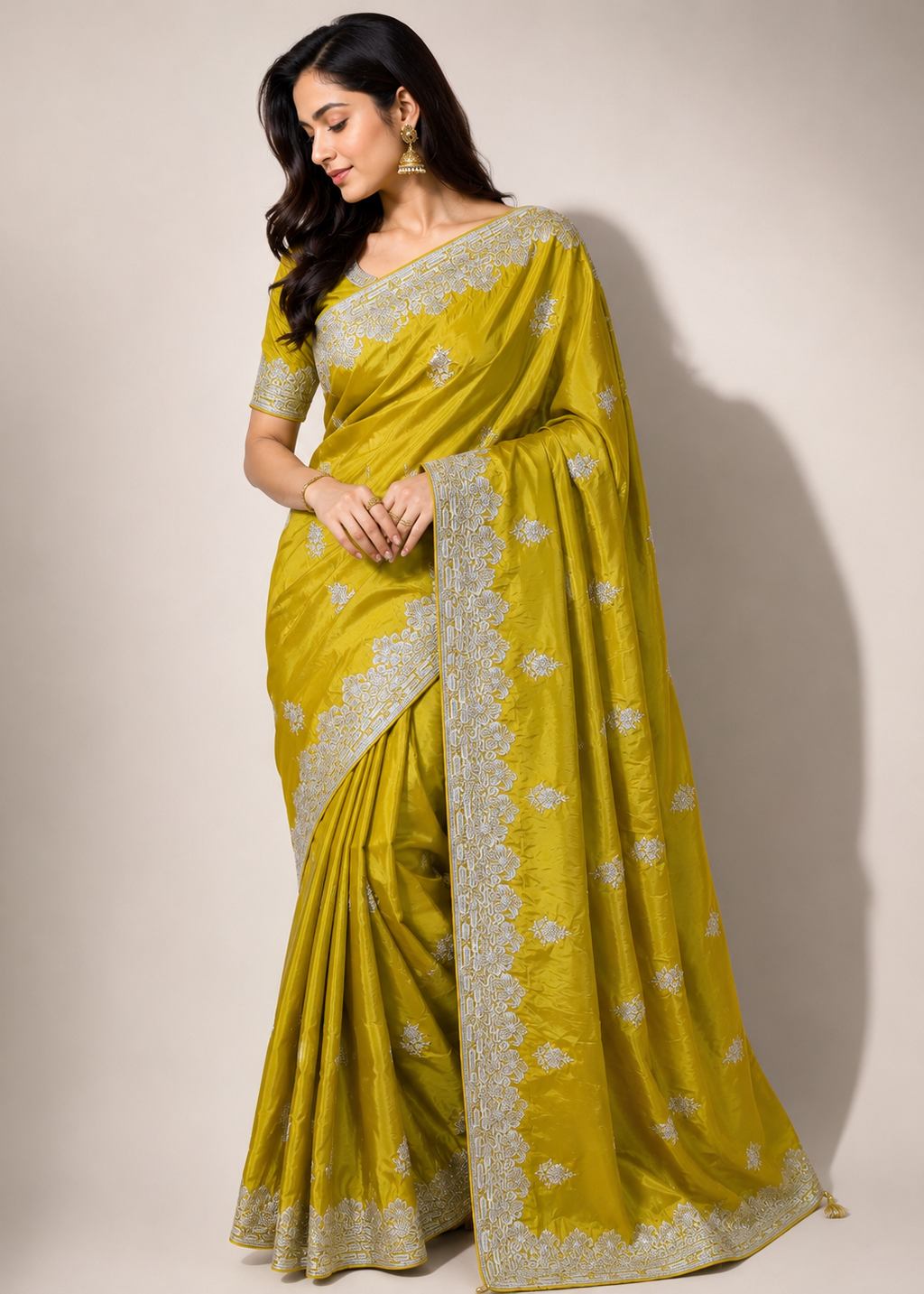Mustard Yellow Satin Georgette Saree with Allover Embroidered Weaving Jari Butta & Floral Border