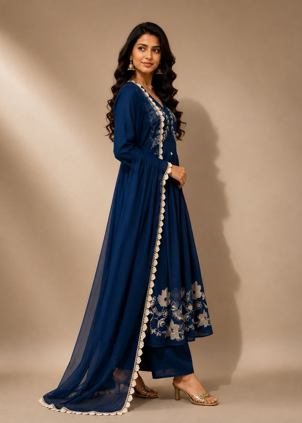 Navy Blue Floral Embroidered Anarkali Kurta Set with Chiffon Dupatta
