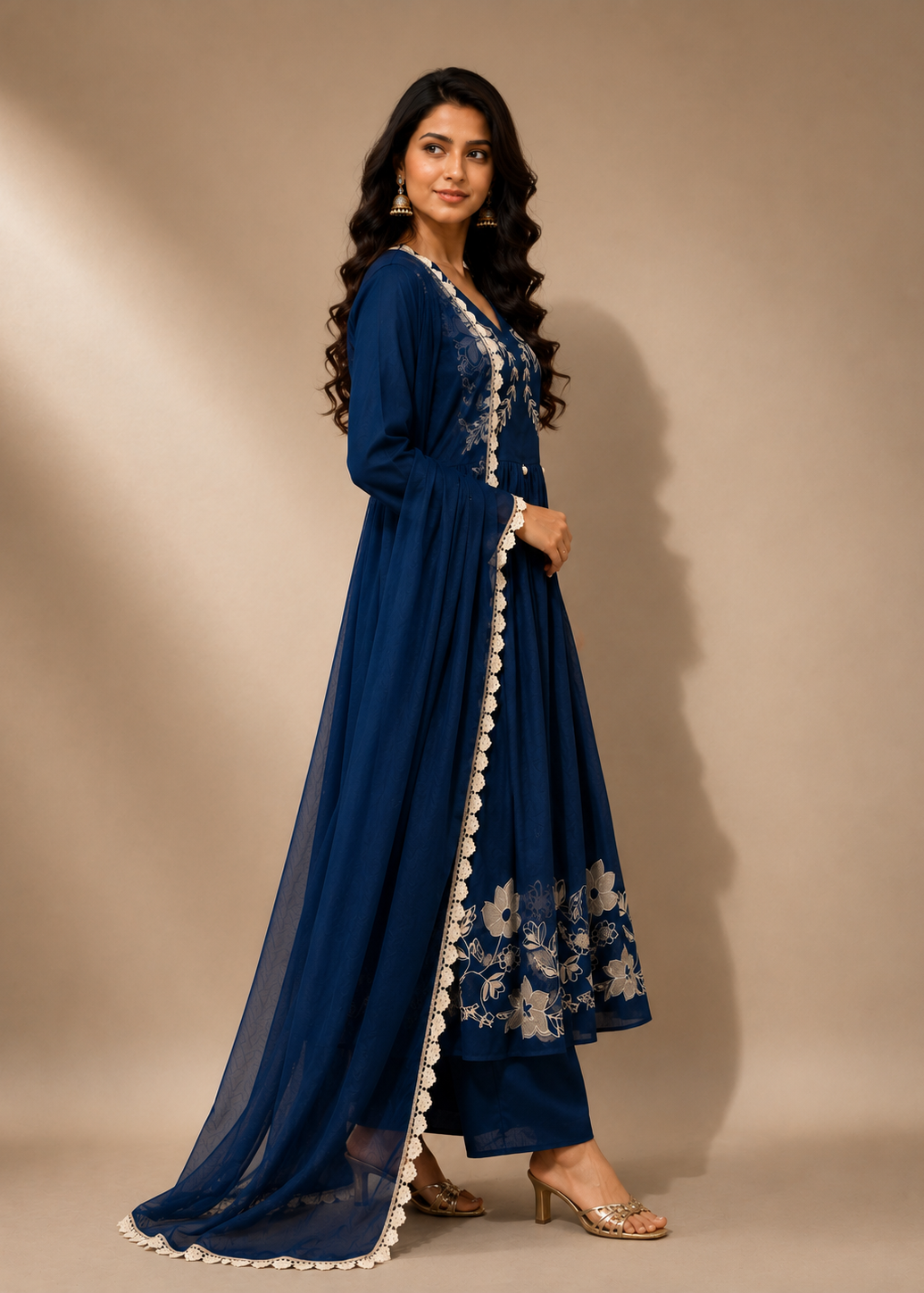 Navy Blue Floral Embroidered Anarkali Kurta Set with Chiffon Dupatta