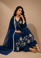 Navy Blue Floral Embroidered Anarkali Kurta Set with Chiffon Dupatta