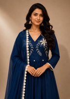 Navy Blue Floral Embroidered Anarkali Kurta Set with Chiffon Dupatta