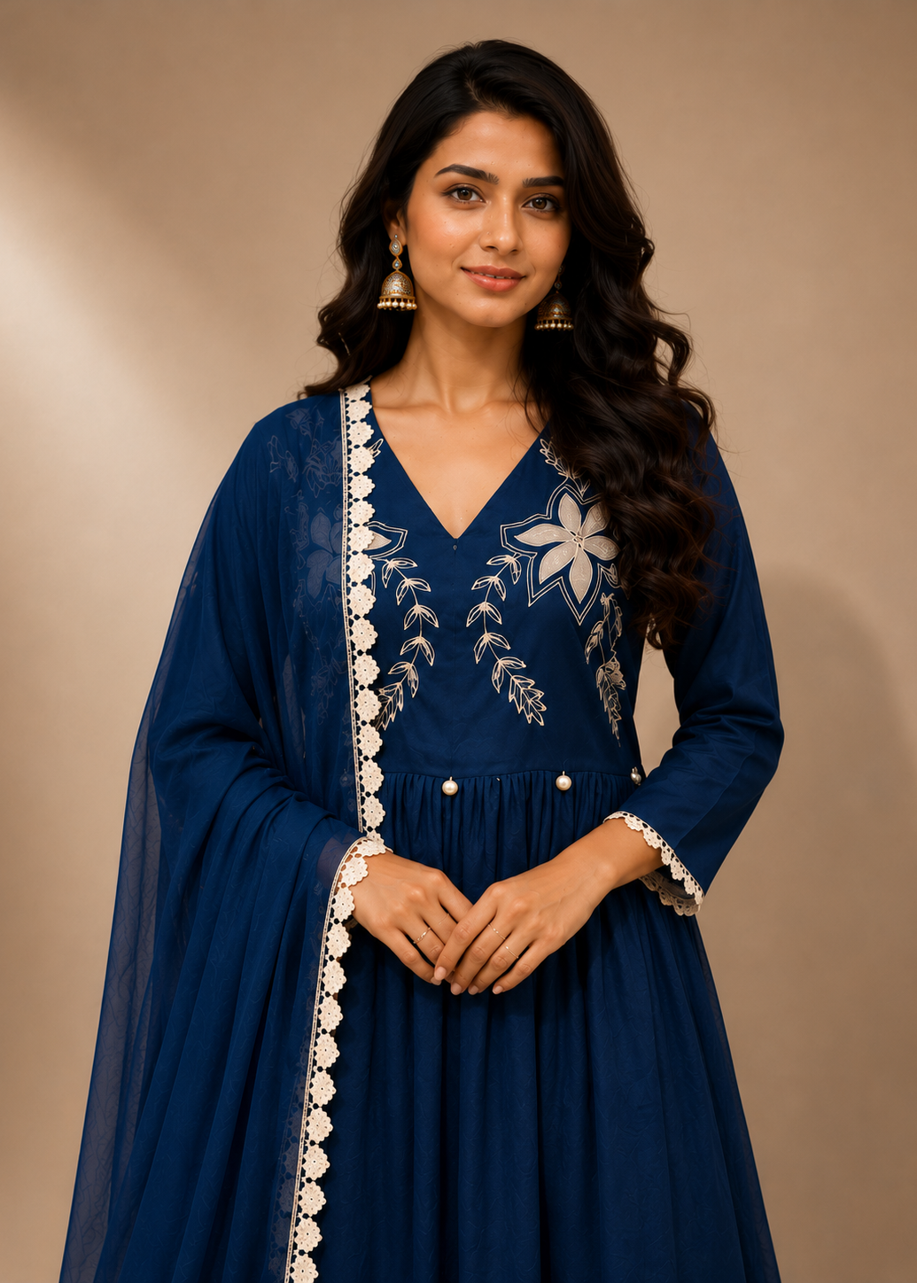 Navy Blue Floral Embroidered Anarkali Kurta Set with Chiffon Dupatta