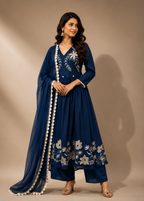 Navy Blue Floral Embroidered Anarkali Kurta Set with Chiffon Dupatta
