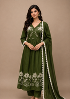 Olive Green Floral Embroidered Anarkali Suit Set with Chiffon Dupatta