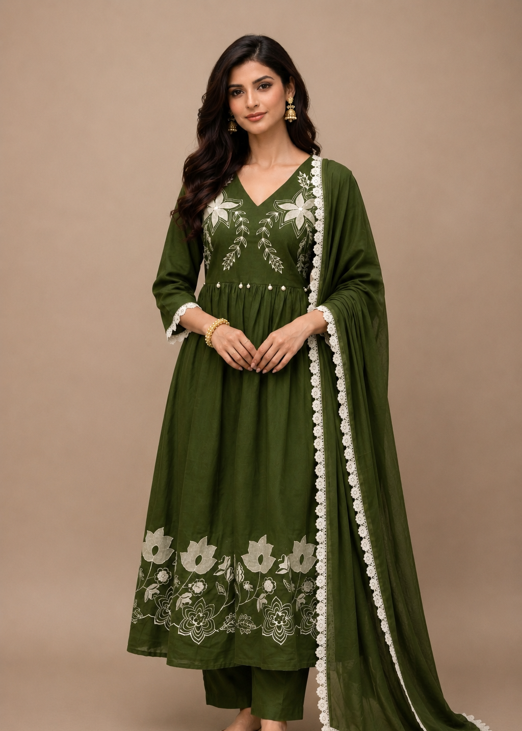 Olive Green Floral Embroidered Anarkali Suit Set with Chiffon Dupatta