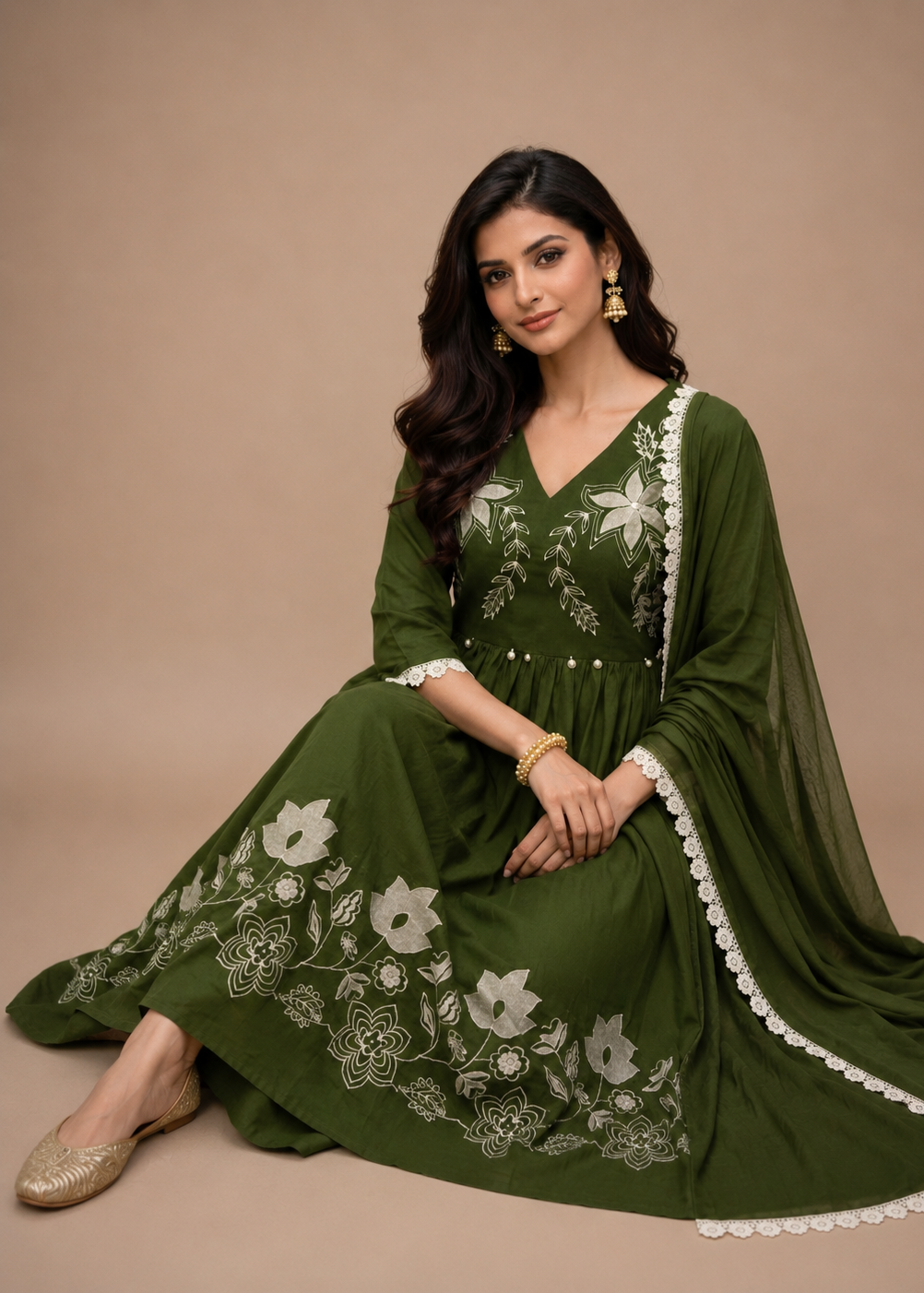 Olive Green Floral Embroidered Anarkali Suit Set with Chiffon Dupatta