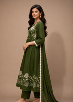 Olive Green Floral Embroidered Anarkali Suit Set with Chiffon Dupatta