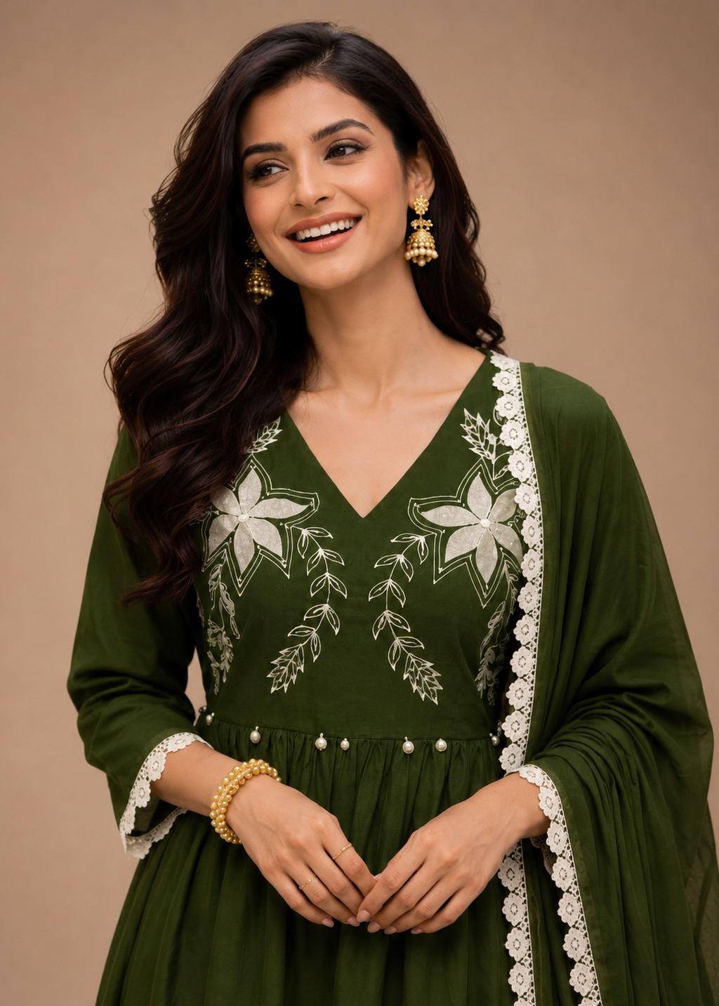 Olive Green Floral Embroidered Anarkali Suit Set with Chiffon Dupatta