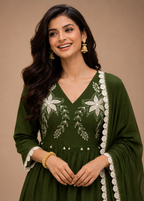 Olive Green Floral Embroidered Anarkali Suit Set with Chiffon Dupatta