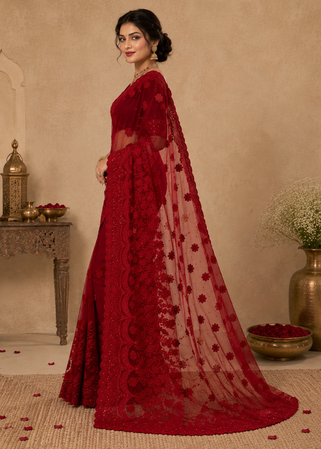 Wine Red Designer Embroidered Saree With Floral Lace Border