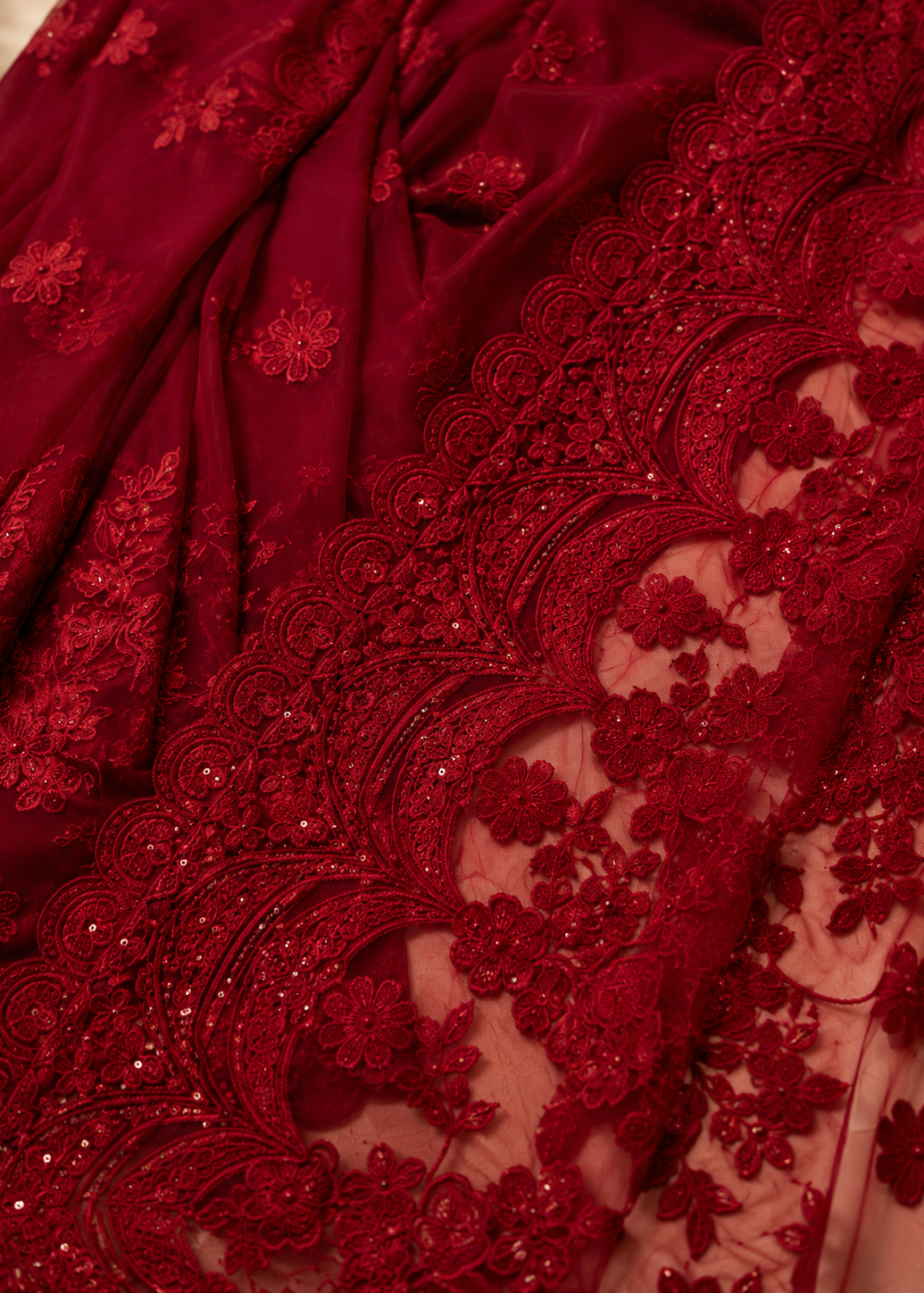 Wine Red Designer Embroidered Saree With Floral Lace Border