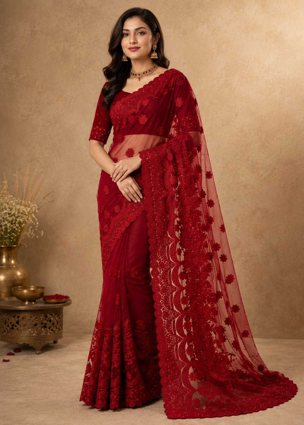 Wine Red Designer Embroidered Saree With Floral Lace Border