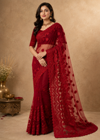 Wine Red Designer Embroidered Saree With Floral Lace Border