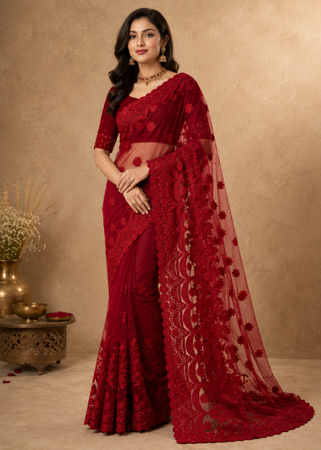 Wine Red Designer Embroidered Saree With Floral Lace Border