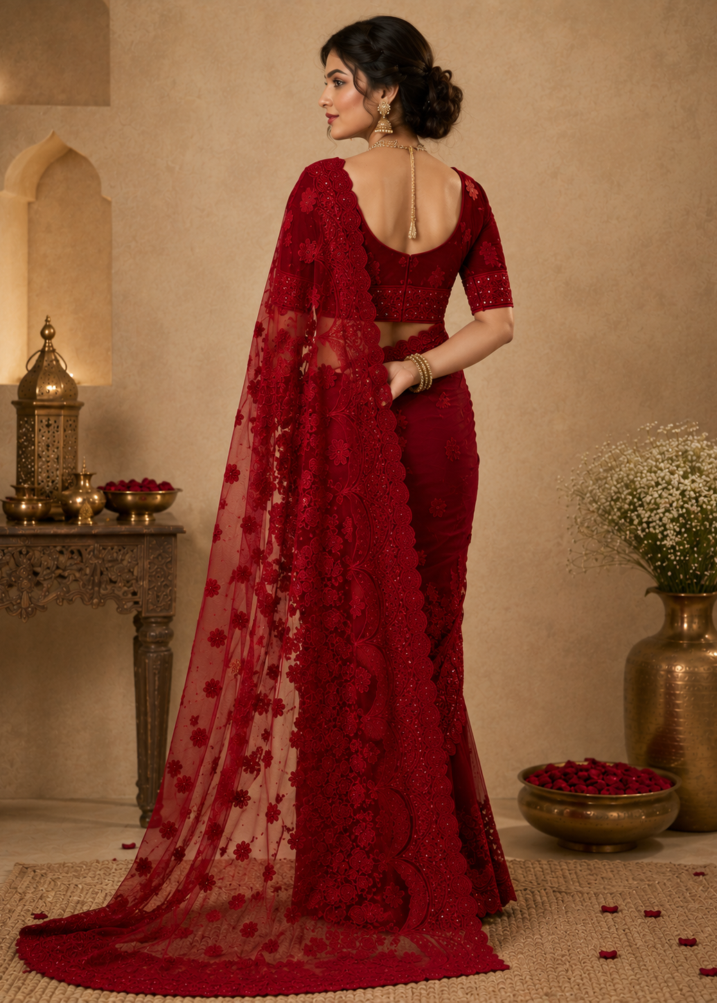 Wine Red Designer Embroidered Saree With Floral Lace Border