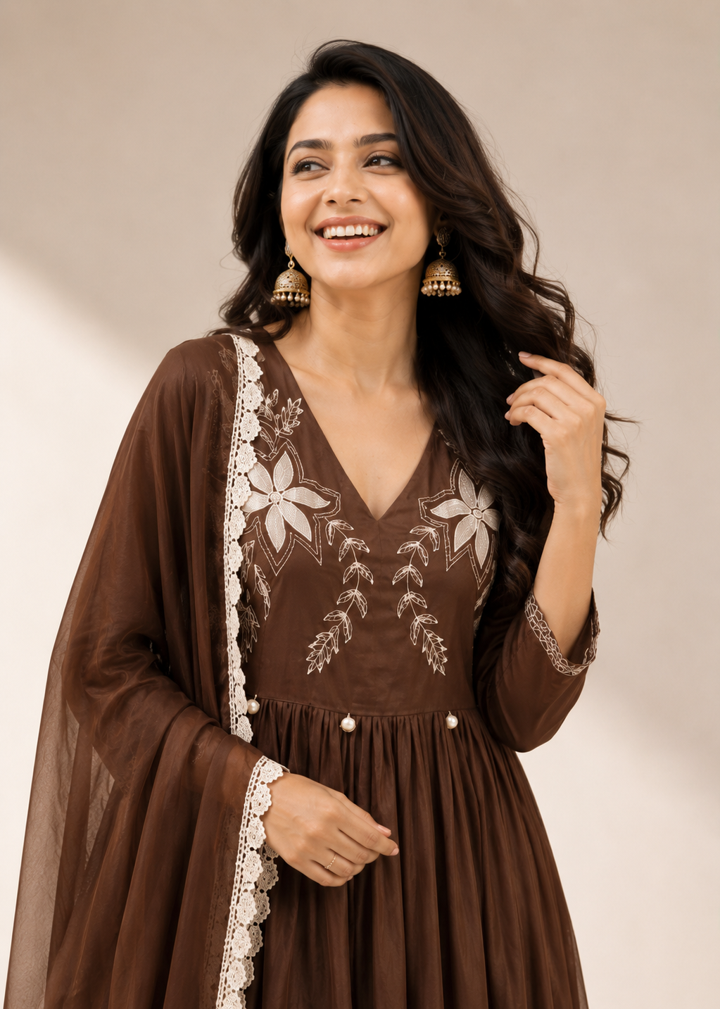 Coffee Brown Floral Embroidered Anarkali Suit Set with Chiffon Dupatta