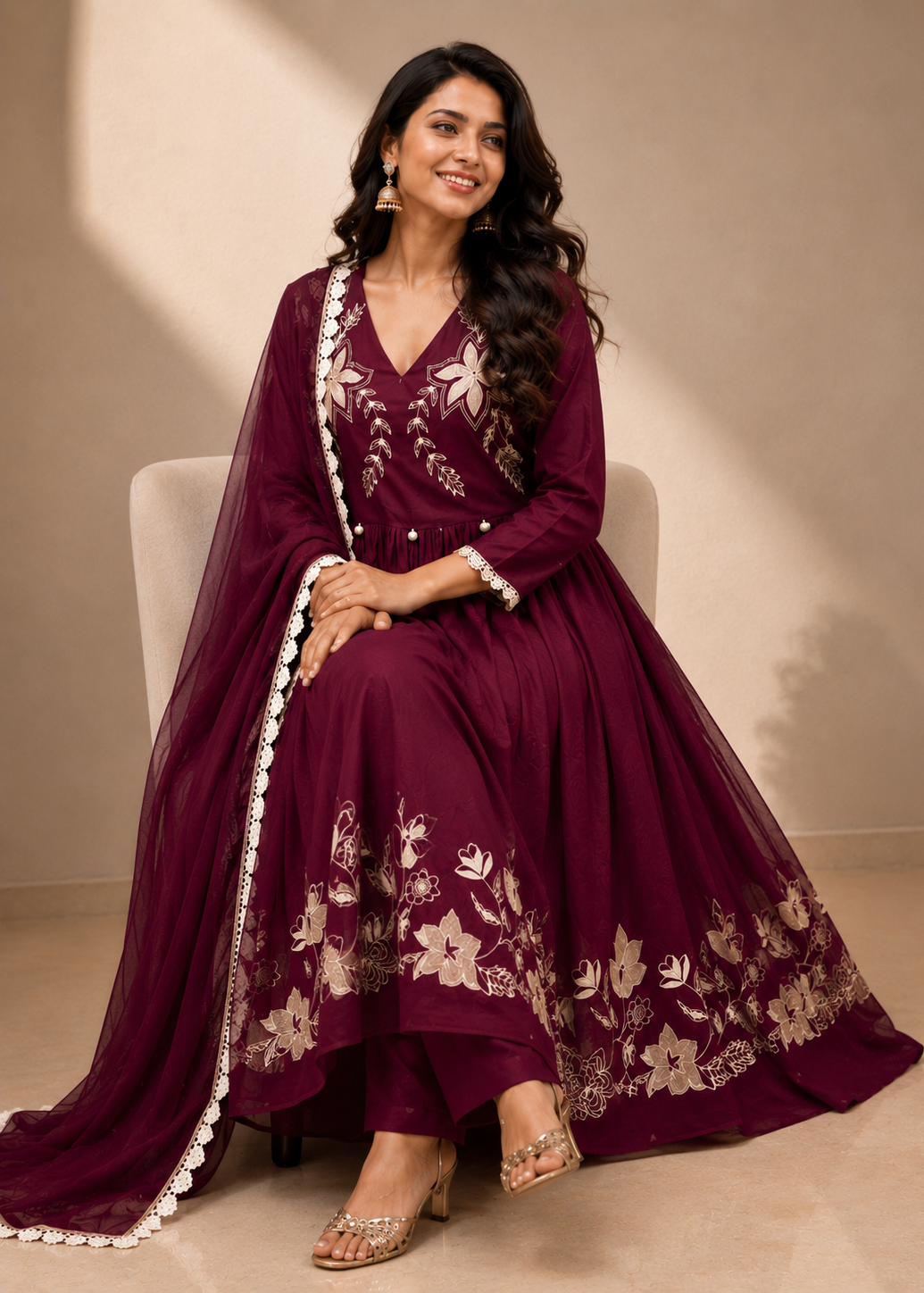 Wine Floral Embroidered Anarkali Suit Set with Chiffon Dupatta