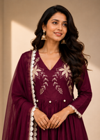Wine Floral Embroidered Anarkali Suit Set with Chiffon Dupatta