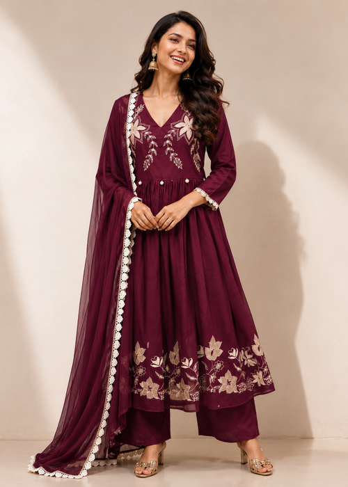 Wine Floral Embroidered Anarkali Suit Set with Chiffon Dupatta