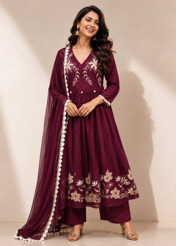 Wine Floral Embroidered Anarkali Suit Set with Chiffon Dupatta