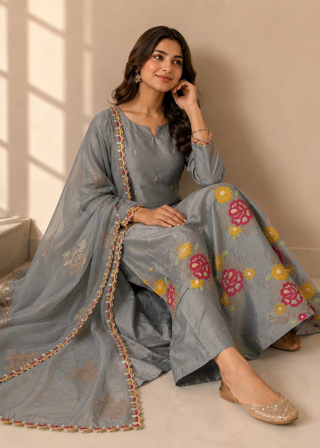 Slate Grey Mul Chanderi Embroidered A-Line Kurta Set with Dupatta