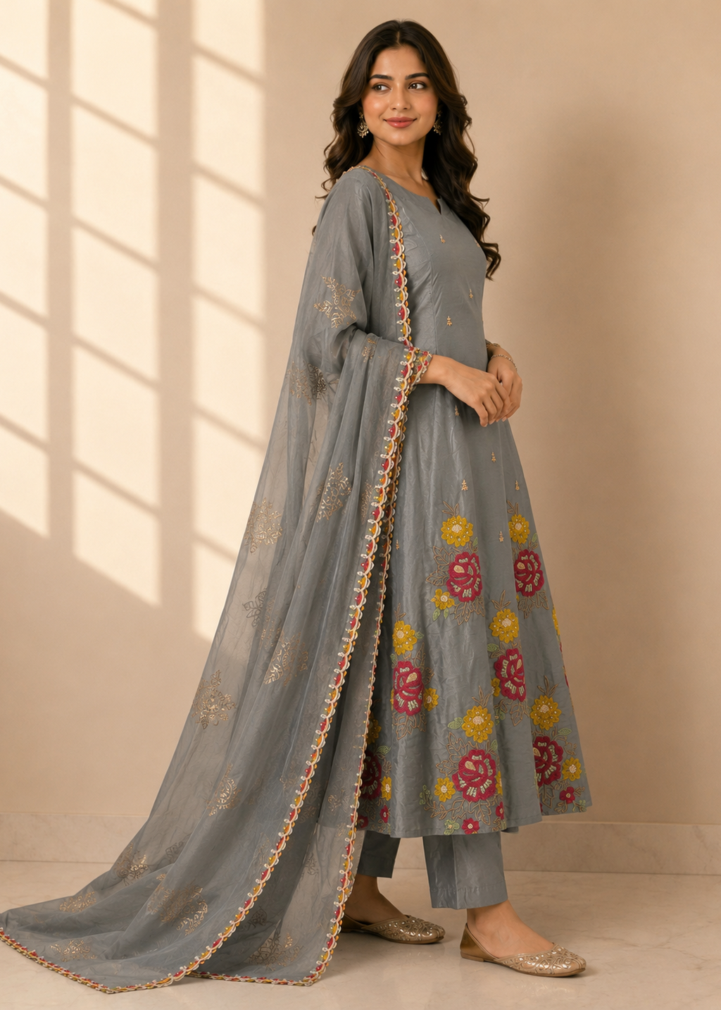 Slate Grey Mul Chanderi Embroidered A-Line Kurta Set with Dupatta