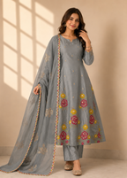 Slate Grey Mul Chanderi Embroidered A-Line Kurta Set with Dupatta