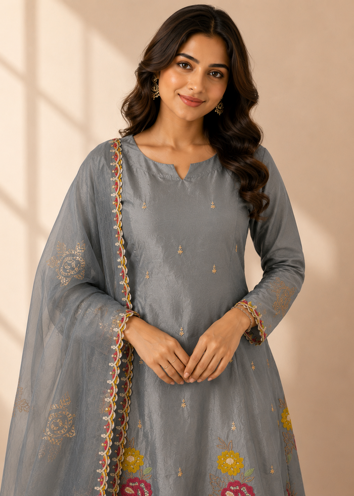 Slate Grey Mul Chanderi Embroidered A-Line Kurta Set with Dupatta