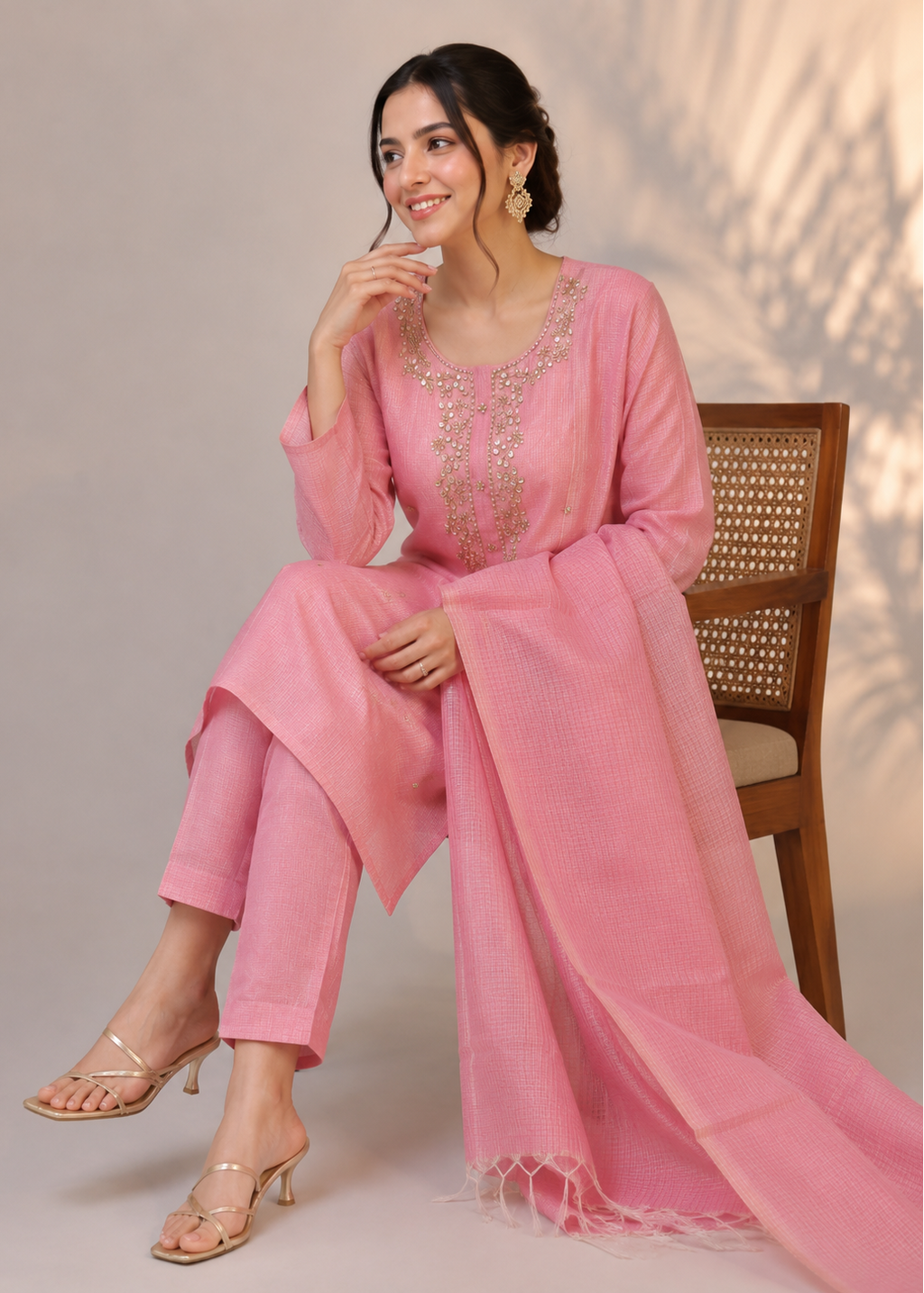 Blush Pink Kota Tissue Embroidered Kurta Set with Dupatta