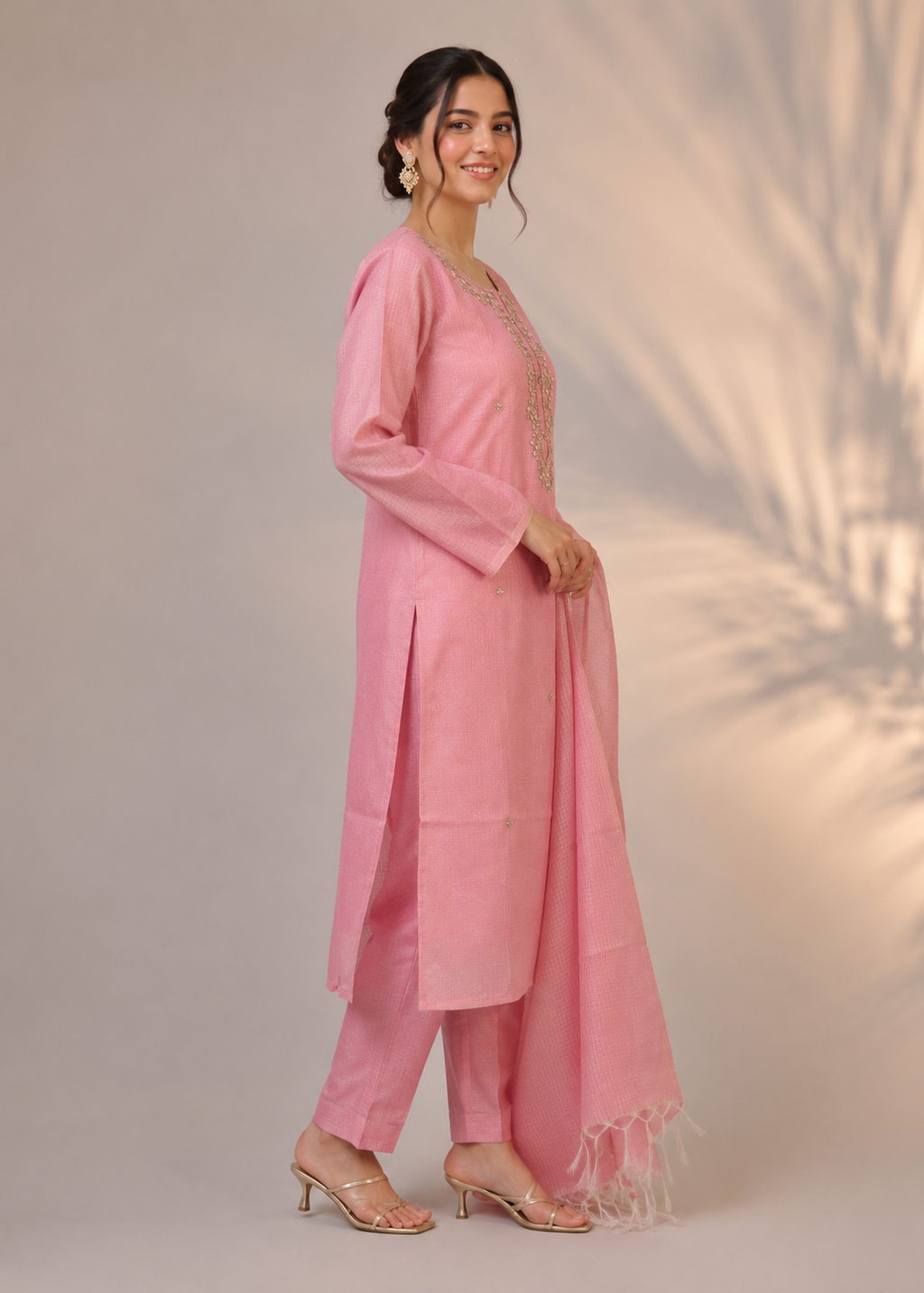 Blush Pink Kota Tissue Embroidered Kurta Set with Dupatta