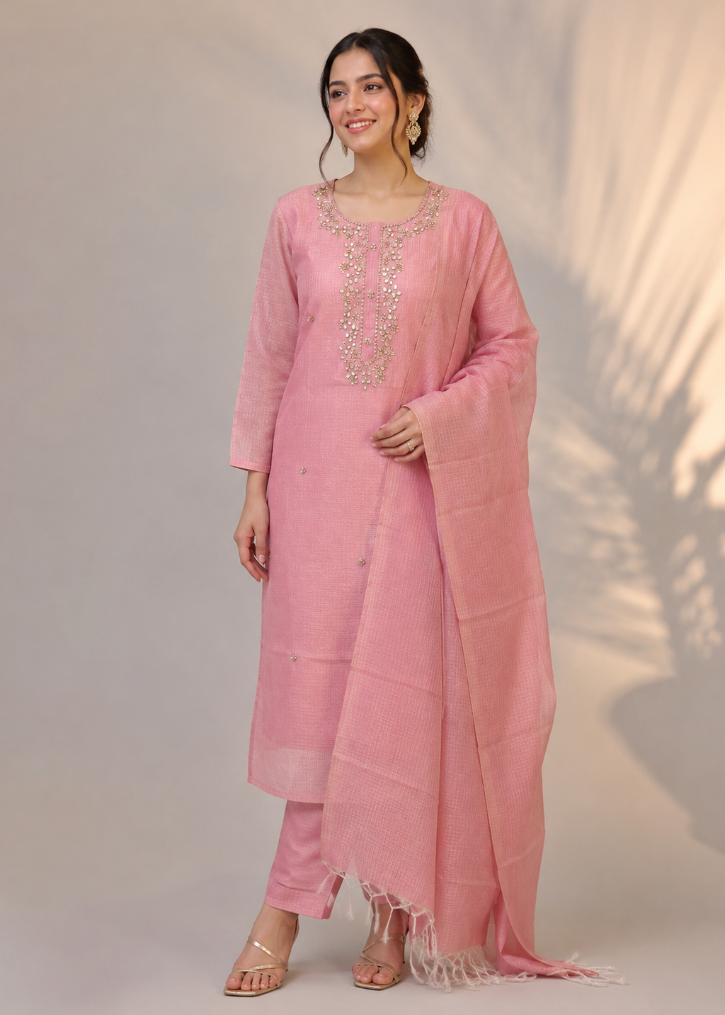 Blush Pink Kota Tissue Embroidered Kurta Set with Dupatta