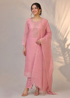 Blush Pink Kota Tissue Embroidered Kurta Set with Dupatta