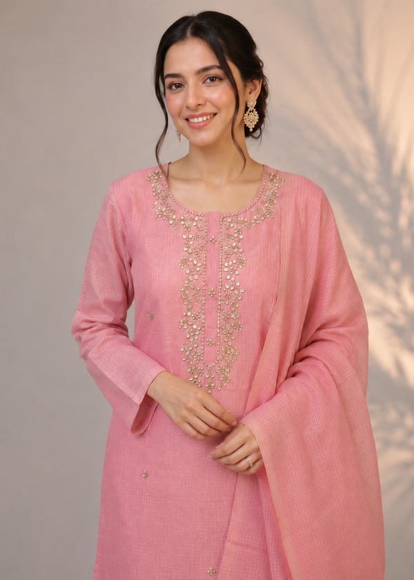 Blush Pink Kota Tissue Embroidered Kurta Set with Dupatta