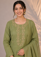 Sage Green Kota Tissue Embroidered 3 Piece Kurta Set with Dupatta