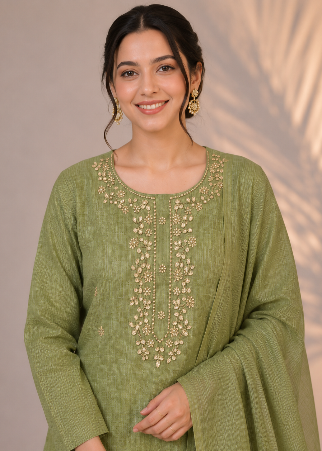 Sage Green Kota Tissue Embroidered 3 Piece Kurta Set with Dupatta